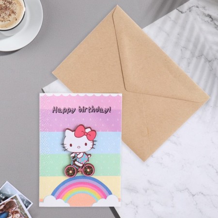 A postcard with a wooden element "Happy Birthday!" Handmade, bicycle, 14.7x10.5 cm-1