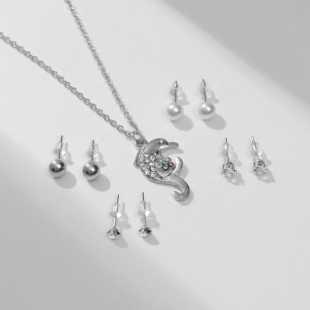 Set of 5 objects: 4 pairs fluffs, the pendant "dolphin", white color in silver, 45 cm-1