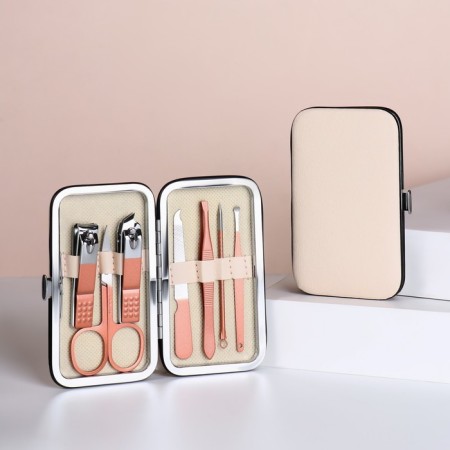 Manicure set, 7 items, in case, beige/pink gold color-2