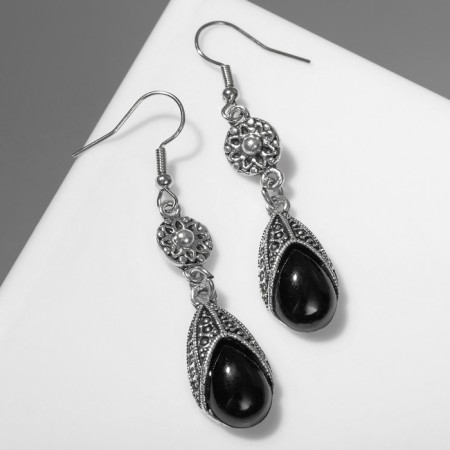 Earrings with rhinestones "drop" elegance, black color in black silver-1