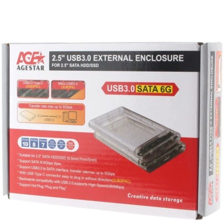 External case for HDD/SSD AGESTAR 3UB2P4C SATA III USB3.0, plastic, transparent, 2.5 "-2