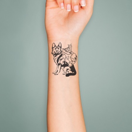 Tattoo on the body black "Dog with a cat in a backpack" 6x6 cm-2