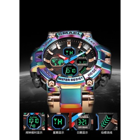 Watch is electronic watch, with an alarm clock, D-5.5 cm, strap L-25.5 cm, 5 atm, gradient-2