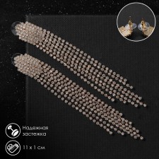 Hanging earrings with Hollywood rhinestones waterfall of threads, white color in gold, 11 cm
