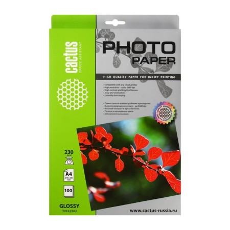 Photo paper for jet print A4, 100 sheets Cactus, 230 g/m2, one -sided, glossy