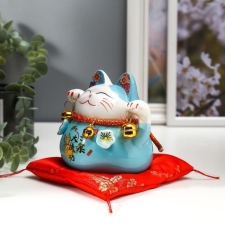 Souvenir Ceramics Pigger "Blue Cat Mani-Neko with bells" 11.5x11.5x9.5 cm-2