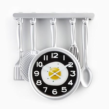 Wall clock, series: kitchen, "kitchen utensils", 32 x 34 cm, silver