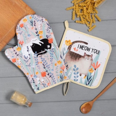 Kitchen set "I meow you" mittens-seging 20x28cm, 19x19cm seizure, 100% cotton
