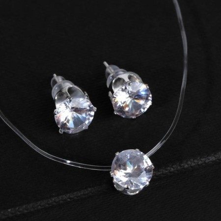 Set 2 objects: earrings, pendant "on the fishing line" classic, white color in silver, 30 cm
