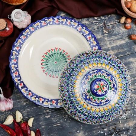 The pancake of Rishtan ceramics "Flowers", 32 cm, blue-1