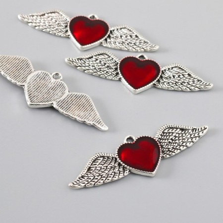Decor for creativity Metal "Red Heart Wings" silver enamel 5.3x1.8 cm