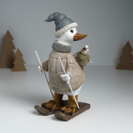 Polystone souvenir "Goose skiing, with a goose on the back" gray-beige 9.5x13.5x23.5 cm-1