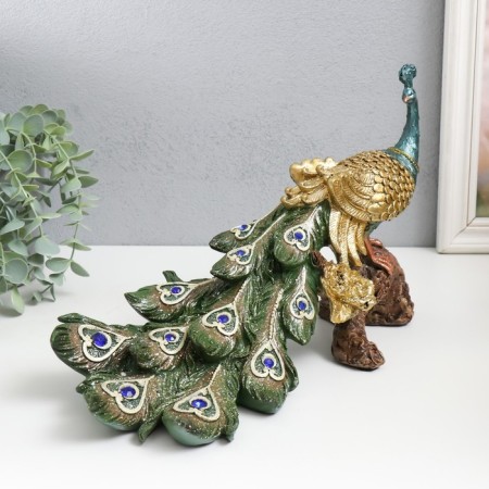 Polystone souvenir "Peacock with green gray feathers, Sapphire on the snag" 32x14x20.5 cm-1