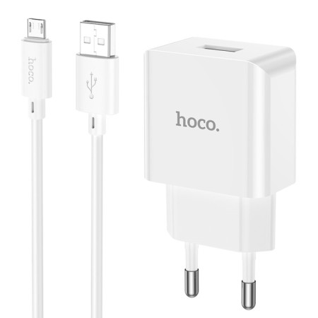 Network charger HOCO C106A, 1 USB, 2.1 A, Micro USB -USB, 1 m, white cable