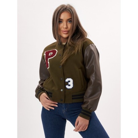 Leather bomber female color khaki, size 48-5