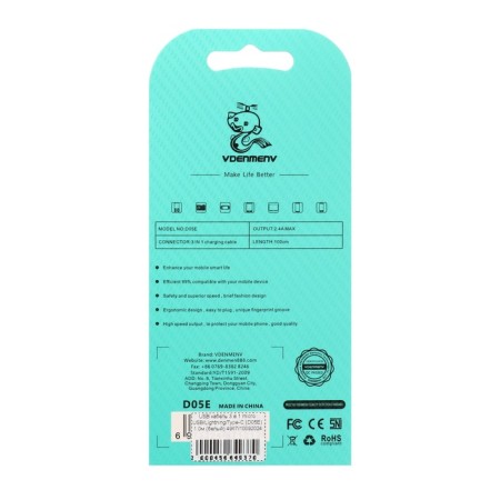 Cable D05E, 3 V 1, Type-C-Microusb-Lightning, 1 m, charging+data transfer, white-6