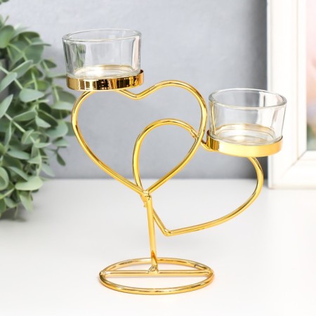 Summary metal, glass for 2 candles "two hearts" d-4.5 cm gold 14x6.5x17.5 cm-1