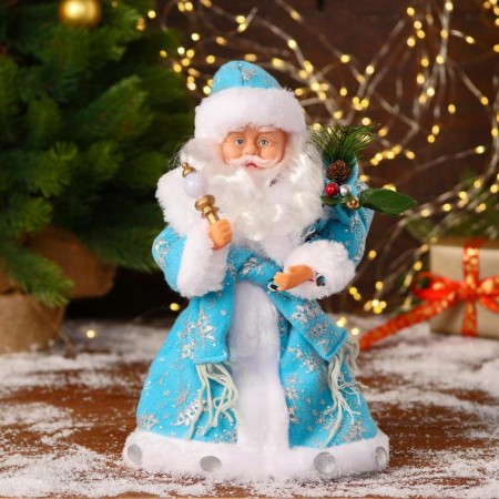 Santa Claus "In a blue fur coat with gifts" moves, with backlight, 30 cm