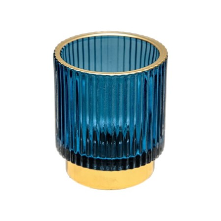 Decorative candlestick made of colored embossed glass, 70 × 70 × 80 mm, blue color-1
