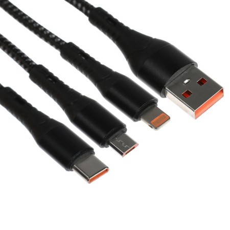 Cable 3 in 1, microUSB/type -C/Lightning - USB, 3 A, 1.25 meters, black