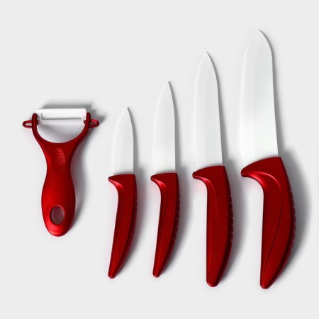 Kitchen kit on the stand “bend”, 4 objects: 3 knives, vegetable vegetables, + knife as a gift, red color red-4