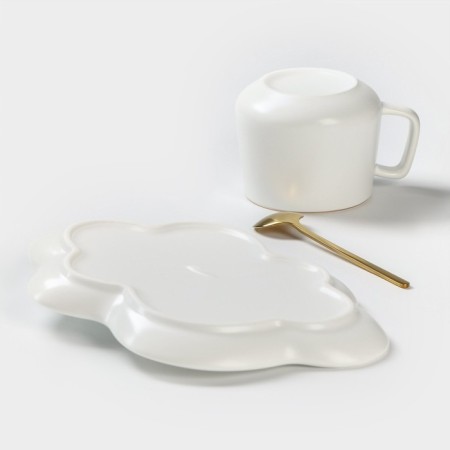 Coffee steam ceramic “cloud”, 3 objects: mug, saucer 21 × 15 cm, spoon h = 13 cm, white color-6