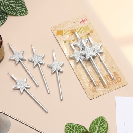 Set of candles for the cake, 4 pcs "Brilliant stars", silver-1