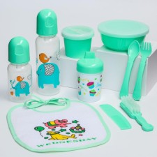Set of children's “First Gift to the baby”, 10 objects: bottles for feeding 150 and 250 ml, jerk, dishes, bib, comb, brush, green color