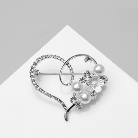 Brooch "Heart" Pearl, white color in silver-2