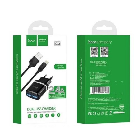 Network charger Hoco C12, 2 USB - 2.4 A, Lightning 1 m, black cable-2