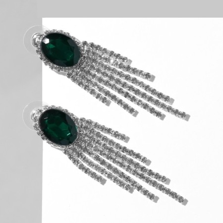 Earrings with rhinestones "Waterfall" oval, white-green color in silver-1