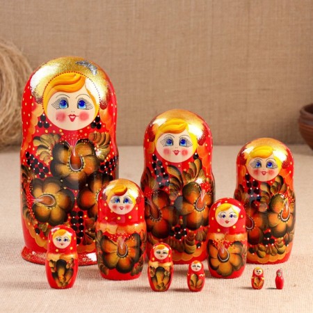 The nesting doll "Golden flowers", a red dress, 10 puppet. 26 cm
