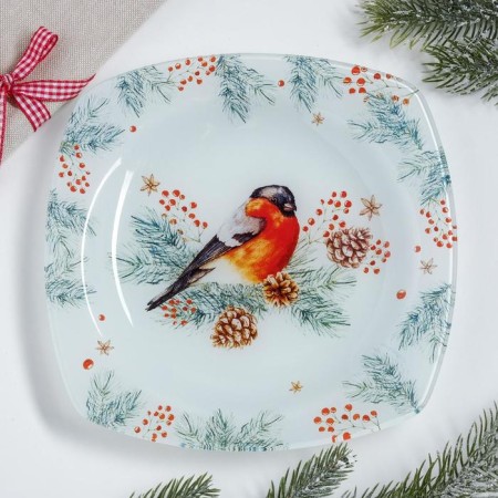 Plate flat New Year's expensive attention "bullfinch", 20 cm, glass-1