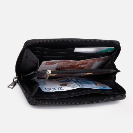 Male purse with zipper, department for bills, for maps, for coins, black color-2