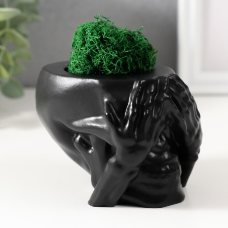 Kashpo concrete "Seek Skull" with moss 7x10 cm black (moss green stabilized)-1