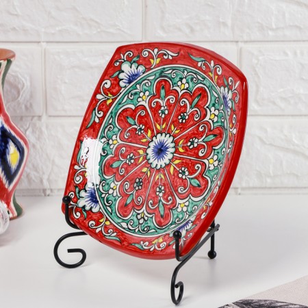 Plant of Rishtan ceramics "Patterns", red, 17 cm, square-1