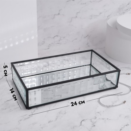 Square organizer for storage, 1 section, glass, with a mirror base, 24 × 14 cm, transparent/black color-1