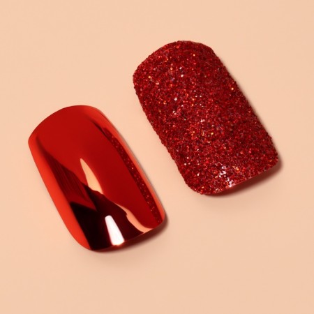 Patch nails, 12 pcs, with adhesive plates, a soft square shape, with sparkles, red-2