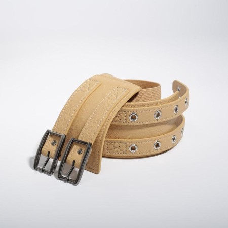 Women's belt, width 6.8 cm, metal buckle, eyelets, beige color