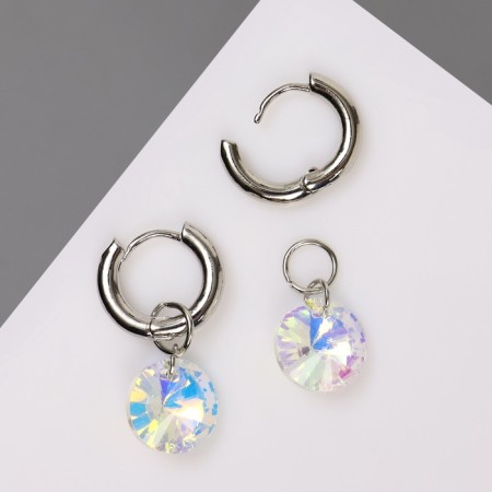 Earrings with the removable element "Transformer" Round Crystal, Rainbow color in silver-1