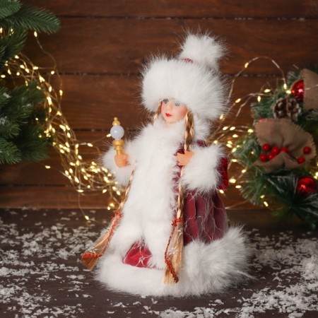 Snow Maiden "in a fluffy fur coat, with a flashlight" moves, with a backlight, 30x18 cm, red-3