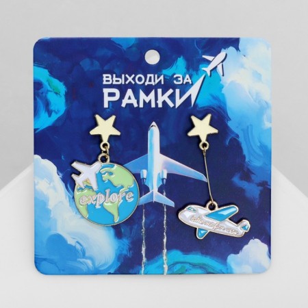 Emall earrings “Around the world” Aircraft and globe, colored in gold