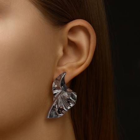 Earrings Metal "Modern" leaf, distortion, color silver-3