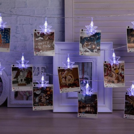 Garland “thread” 4.5 m with nozzles “clothespins-stars”, IP20, transparent thread, 20 LED, white glow, 220 V