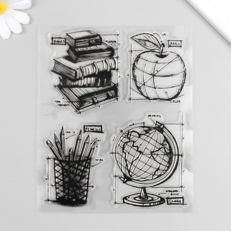 Stamp for creativity Silicon "Globe, Books, Pencil and Apple" 16x14 cm