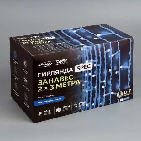 Garland "Curtain" 2 × 3 m, IP44, UMS, white thread, 760 LED, Blue glow, 220 V-8