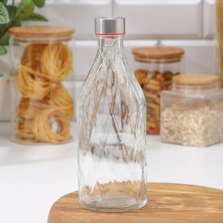 Glass bottle for sauces and oils with a metallic lid "Romb", 1 l, 9.5 × 25.5 cm-3