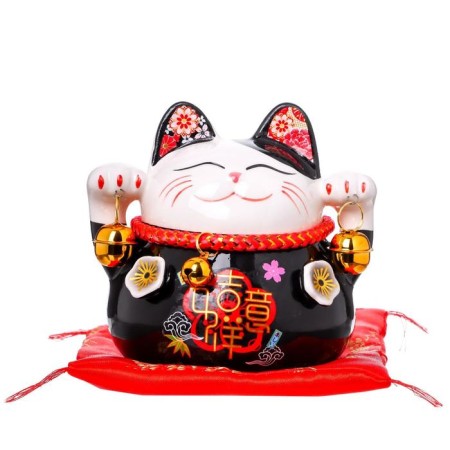 Souvenir Ceramics Piggy Code "Black Cat Mani-Neko with bells" 11.5x11.5x9.5 cm-4