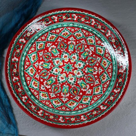 Lryagan Round Rishtan ceramics, 41cm, red, green-yellow pattern-4