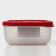 The container is plastic with the lid Flexo, 0.65 l, the color is red